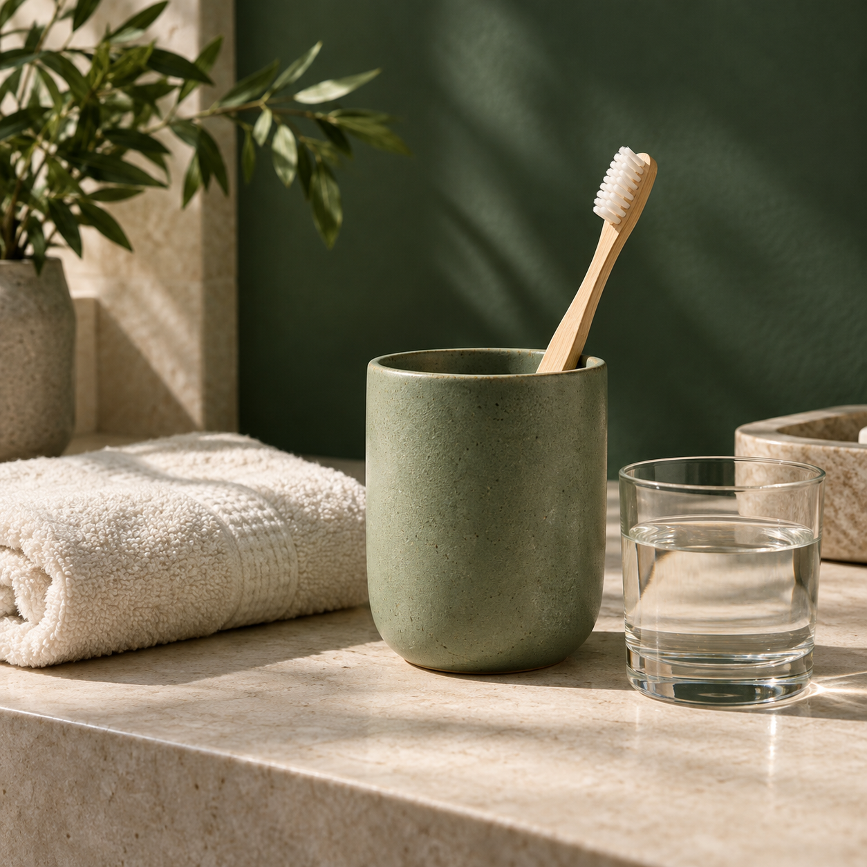 Illustrative oral-care still life with a toothbrush, ceramic cup, towel and water